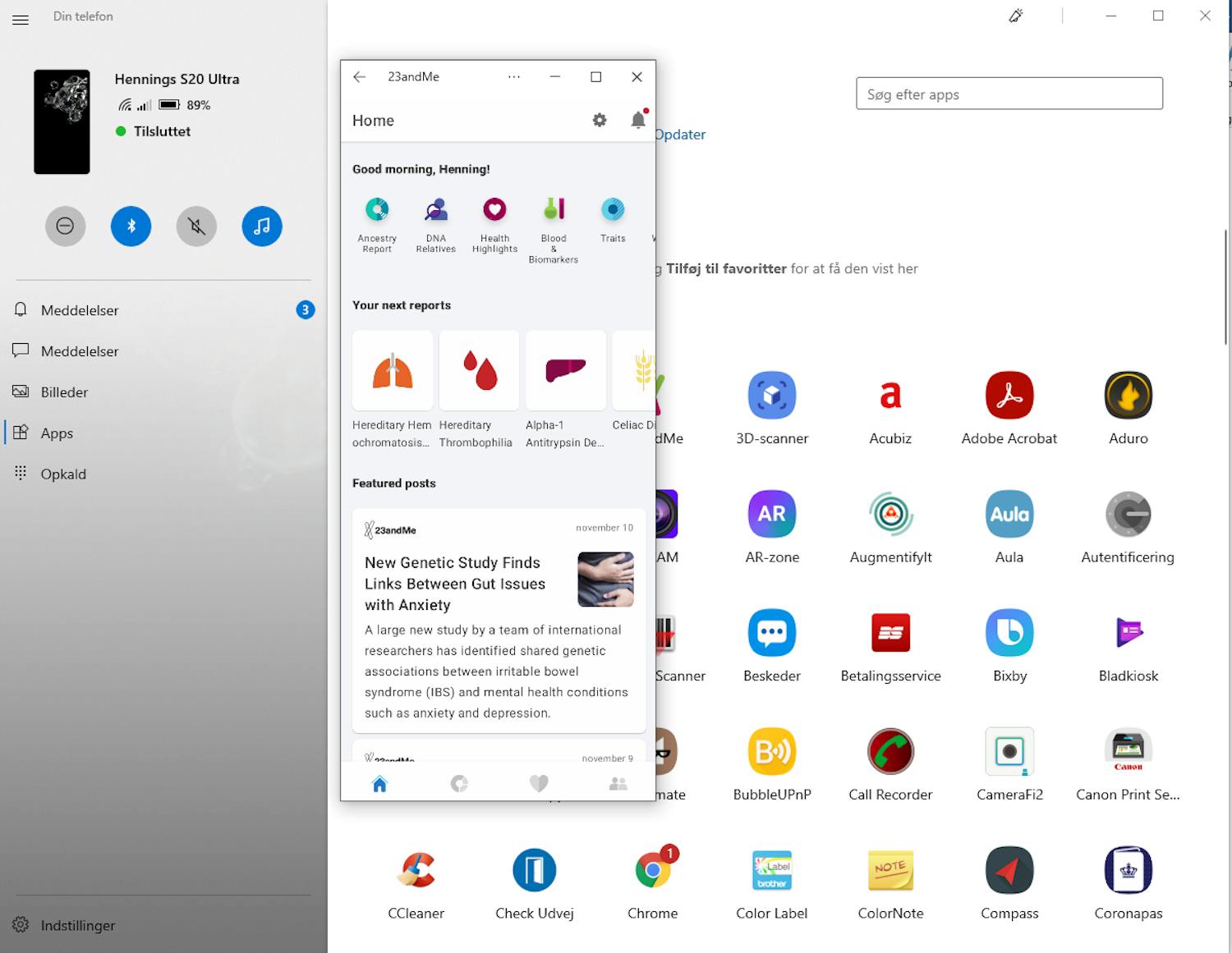 Din mobil: Funksjonen Din mobil gjør det mulig å bruke Android-appene på Windows-pc-en
